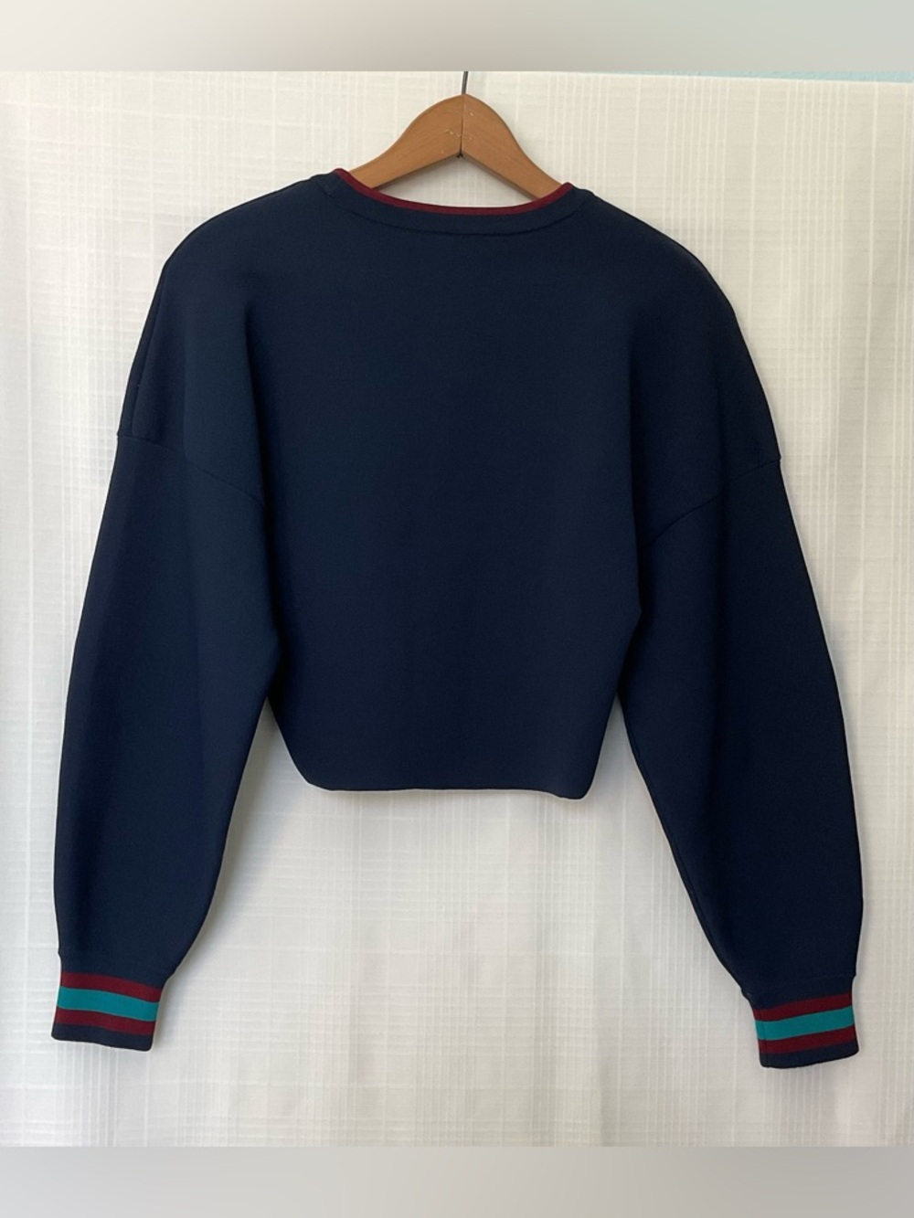 Tibi Navy Crewneck Sweater with Burgundy Trim - Picture 2 of 6